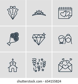 Vector Illustration Of 9 Engagement Icons. Editable Pack Of Decoration, Accessories, Couple And Other Elements.