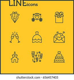 Vector Illustration Of 9 Engagement Icons. Editable Pack Of Wineglass, Chariot, Wedding Gown And Other Elements.
