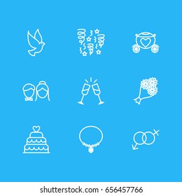 Vector Illustration Of 9 Engagement Icons. Editable Pack Of Decoration, Jewelry, Patisserie And Other Elements.