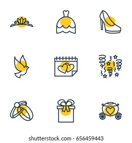 Vector Illustration Of 9 Engagement Icons. Editable Pack Of Present, Calendar, Sandal Elements.