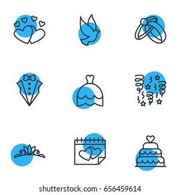 Vector Illustration Of 9 Engagement Icons. Editable Pack Of Engagement, Patisserie, Wedding Gown And Other Elements.