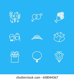 Vector Illustration Of 9 Engagement Icons. Editable Pack Of Bridal Bouquet, Sexuality Symbol, Jewelry And Other Elements.