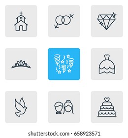 Vector Illustration Of 9 Engagement Icons. Editable Pack Of Decoration, Wedding Gown, Building And Other Elements.