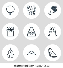 Vector Illustration Of 9 Engagement Icons. Editable Pack Of Bridal Bouquet, Building, Patisserie And Other Elements.
