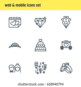 Vector Illustration Of 9 Engagement Icons. Editable Pack Of Patisserie, Accessories, Brilliant And Other Elements.