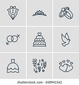 Vector Illustration Of 9 Engagement Icons. Editable Pack Of Patisserie, Sexuality Symbol, Wedding Gown And Other Elements.