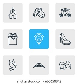 Vector Illustration Of 9 Engagement Icons. Editable Pack Of Accessories, Sandal, Building Elements.