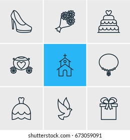 Vector Illustration Of 9 Engagement Icons. Editable Pack Of Pigeon, Building, Patisserie And Other Elements.