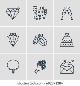 Vector Illustration Of 9 Engagement Icons. Editable Pack Of Card, Decoration, Wineglass And Other Elements.