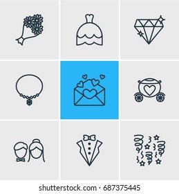 Vector Illustration Of 9 Engagement Icons. Editable Pack Of Decoration, Wedding Gown, Card And Other Elements.