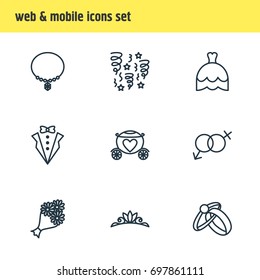 Vector Illustration Of 9 Engagement Icons. Editable Pack Of Jewelry, Chariot, Engagement And Other Elements.