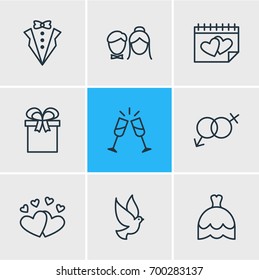Vector Illustration Of 9 Engagement Icons. Editable Pack Of Love, Wedding Gown, Couple And Other Elements.