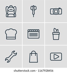 Vector illustration of 9 entertainment icons line style. Editable set of camera, backpack, shopping and other icon elements.