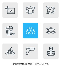 Vector illustration of 9 entertainment icons line style. Editable set of dancing, sewing, video maker and other icon elements.