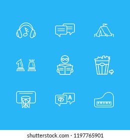 Vector illustration of 9 entertainment icons line style. Editable set of camping tent, languages, piano and other icon elements.