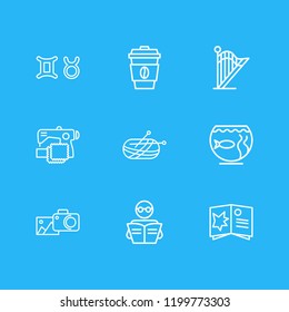 Vector illustration of 9 entertainment icons line style. Editable set of sewing, aquarium, reading and other icon elements.