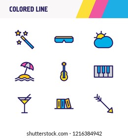 Vector illustration of 9 entertainment icons colored line. Editable set of 3d glasses, library, guitar and other icon elements.