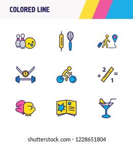 Vector illustration of 9 entertainment icons colored line. Editable set of travelling, bowling, sports and other icon elements.