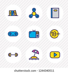 Vector illustration of 9 entertainment icons colored line. Editable set of library, book, spinner and other icon elements.