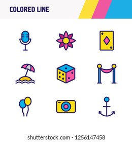 Vector illustration of 9 entertainment icons colored line. Editable set of microphone, barrier, balloon and other icon elements.