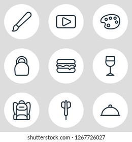 Vector illustration of 9 entertainment icons line style. Editable set of burger, catering, movie and other icon elements.