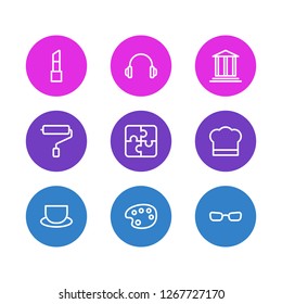 Vector illustration of 9 entertainment icons line style. Editable set of glasses, wall painter, puzzle and other icon elements.