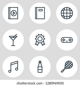 Vector illustration of 9 entertainment icons line style. Editable set of award, alcohol, audio book and other icon elements.