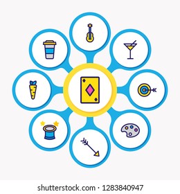 Vector illustration of 9 entertainment icons colored line. Editable set of target, cocktail, magic hat and other icon elements.