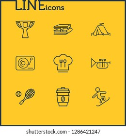 Vector illustration of 9 entertainment icons line style. Editable set of book library, camping tent, trumpet and other icon elements.