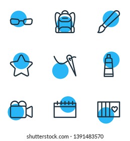 Vector illustration of 9 entertainment icons line style. Editable set of video cam, card, backpack and other icon elements.