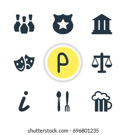 Vector Illustration Of 9 entertainment Icons. Editable Pack Of Car Park, Cop, Skittles And Other Elements.