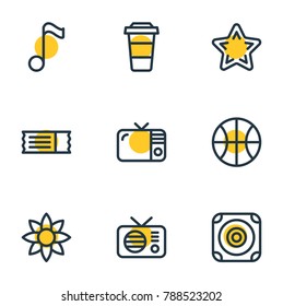 Vector illustration of 9 entertainment icons line style. Editable set of coupon, favorite, plastic cup and other elements.