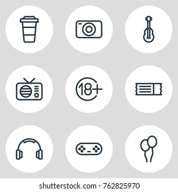 Vector Illustration Of 9 Entertainment Outline Icons. Editable Set Of Plastic Cup, Earmuff, Helium And Other Elements.
