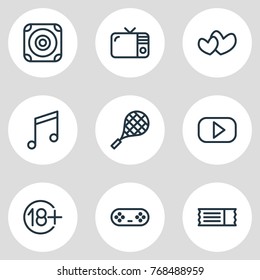 Vector Illustration Of 9 Entertainment Outline Icons. Editable Set Of Quaver, Joystick, Television And Other Elements.