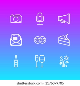 Vector illustration of 9 event icons line style. Editable set of invitation, happy people, petard and other icon elements.