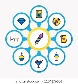 Vector illustration of 9 event icons colored line. Editable set of dining table, dj music, loudspeaker and other icon elements.