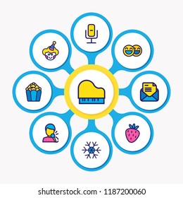 Vector illustration of 9 event icons colored line. Editable set of strawberry, piano, singing man and other icon elements.