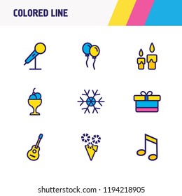 Vector illustration of 9 event icons colored line. Editable set of balloons, snowflake, candles icon elements.