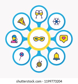 Vector illustration of 9 event icons colored line. Editable set of piece of pizza, cheers, tag with heart and other icon elements.