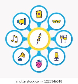 Vector illustration of 9 event icons colored line. Editable set of playing cards, music note, strawberry and other icon elements.