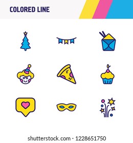 Vector illustration of 9 event icons colored line. Editable set of petard, chinese food, tag with heart and other icon elements.