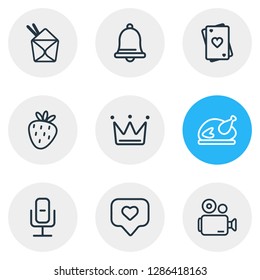 Vector illustration of 9 event icons line style. Editable set of crown, video camera, playing card and other icon elements.