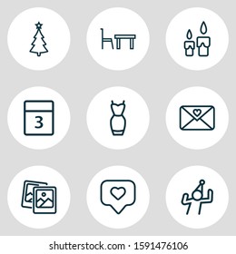 Vector illustration of 9 event icons line style. Editable set of christmas tree, dancing man, tag with heart and other icon elements.