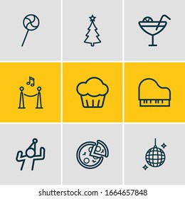 Vector illustration of 9 event icons line style. Editable set of christmas tree, cocktail, piano and other icon elements.