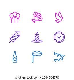 Vector illustration of 9 events icons line style. Editable set of fireworks, dove, balloon and other icon elements.