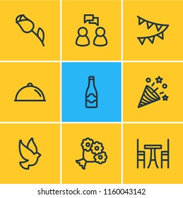 Vector illustration of 9 events icons line style. Editable set of champagne, bouquet, confetti and other icon elements.