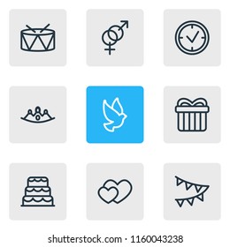 Vector illustration of 9 events icons line style. Editable set of drums, crown, heart and other icon elements.