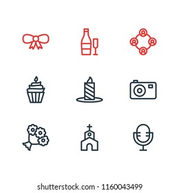 Vector illustration of 9 events icons line style. Editable set of church, mic, cupcake and other icon elements.