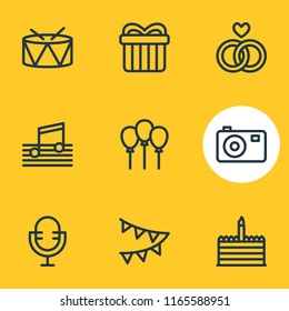 Vector illustration of 9 events icons line style. Editable set of drums, music, flags and other icon elements.