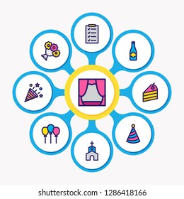 Vector illustration of 9 events icons colored line. Editable set of party hat, piece of cake, champagne and other icon elements.